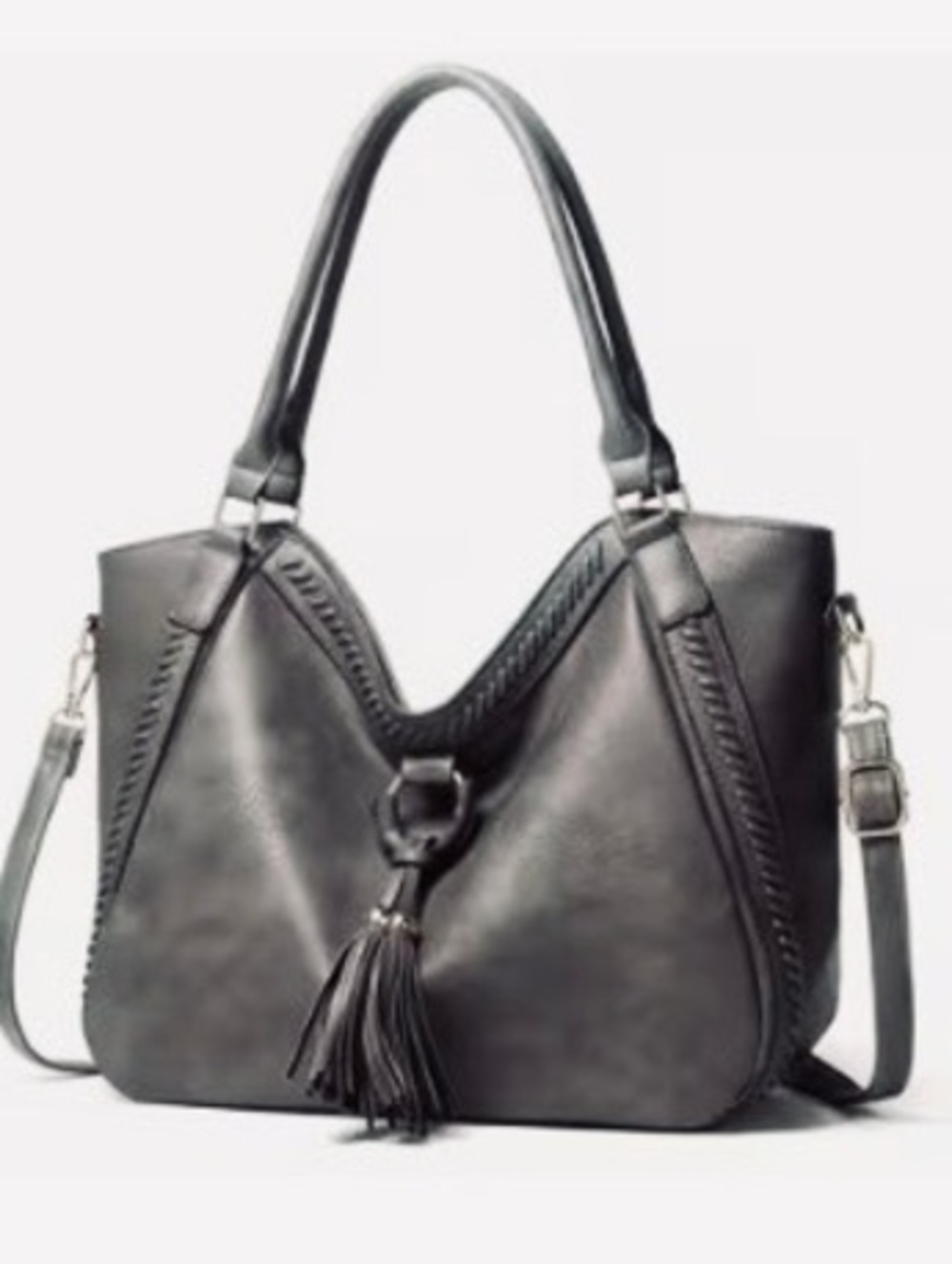 New -Faux Leather Shoulder Bag w/Tassel Details -Gray